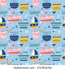 Ship pattern flat illustration. Children surface design and fabric pattern series.