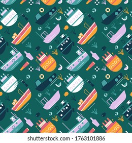 Ship pattern flat illustration. Children surface design and fabric pattern series.