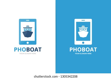Ship and phone logo combination. Unique yacht and device logotype design template.