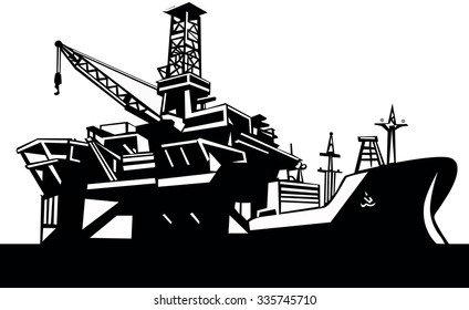 A ship. Pierce . Crane . Black and white . Vector.