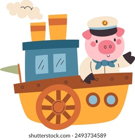 Ship With Pig Captain Vector Illustration