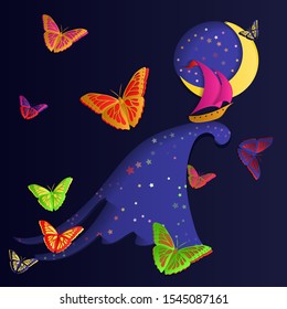 A ship with pink sails on a wave of stars against the moon. Surrounded by colorful butterflies. Volumetric vector illustration.