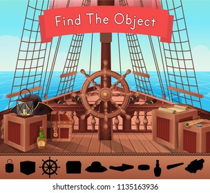 SHIP OF PIRATES. Find the object in the picture. Vector illustration of sail boat bridge view in cartoon style. Background for games and mobile applications.  