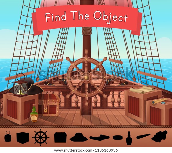 SHIP OF PIRATES. Find the object\
in the picture. Vector illustration of sail boat bridge view in\
cartoon style. Background for games and mobile applications. \
