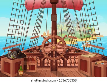 SHIP OF PIRATES with an island on the horizon. Vector illustration of sail boat bridge view. Background for games and mobile applications. Sea battle or traveling concept.