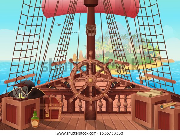 SHIP OF\
PIRATES with an island on the horizon. Vector illustration of sail\
boat bridge view. Background for games and mobile applications. Sea\
battle or traveling\
concept.