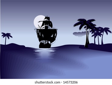 Ship of pirates on blue sea. Vector.