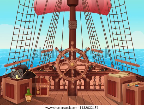SHIP OF PIRATES. Vector illustration\
of sail boat bridge view. Background for games and mobile\
applications. Sea battle or traveling \
concept.