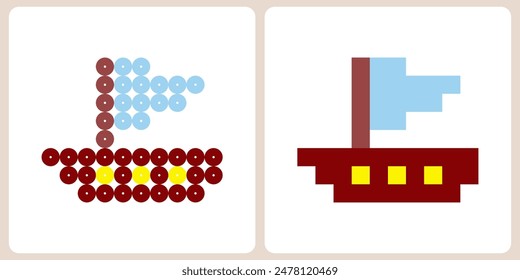 Una nave en pixel art para el punto de cruz y patrones de cuentas en Ilustración vectorial.