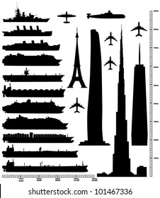 Ship, Plane, Skyscraper silhouette set