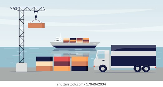 Ship port with cargo containers and loading dock crane and truck - flat banner of industrial transportation equipment. Flat vector illustration.