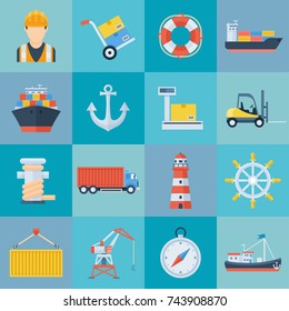 Ship port icon set. Harbor for ship to dock and transfer people or cargo, load or unload, supply and service centres. Vector flat style cartoon illustration isolated on blue background