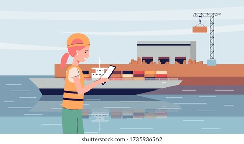 Ship port worker in industrial uniform using tablet for shipping and export work. Flat cartoon banner of loading dock engineer using technology - vector illustration.