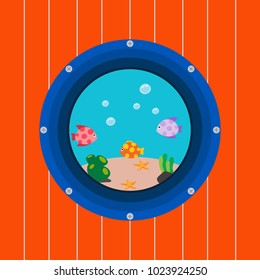 a ship porthole with fish. Marine background with waves