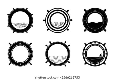 Ship Porthole Silhouette Vector Set, Porthole Black Clipart Bundle