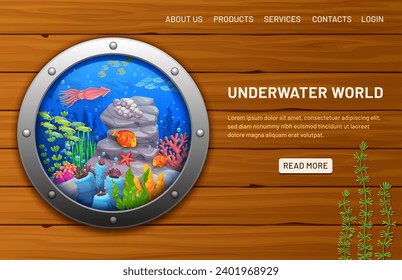 Ship porthole with underwater landscape. Landing page of website vector template with cartoon under water world, tropical ocean fish, squid, seaweed and shell in porthole frame on wood background