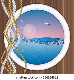 Ship porthole with underwater view, vector illustration