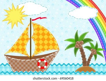 Ship and rainbow. Children vector illustration.