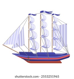 Un barco con velas levantadas en tonos azules, aisladas sobre un fondo blanco. Ilustración vectorial del transporte marítimo.