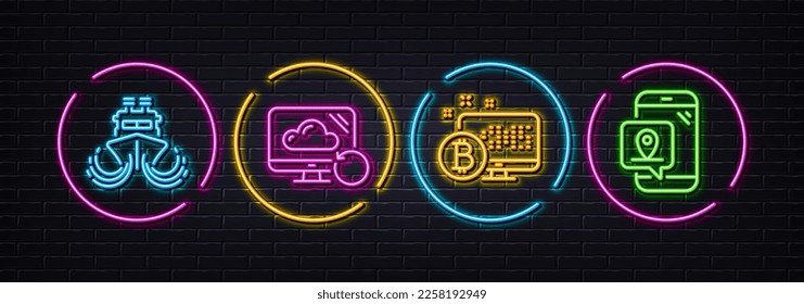 Ship, Recovery cloud and Bitcoin system minimal line icons. Neon laser 3d lights. Pin marker icons. For web, application, printing. Shipping watercraft, Backup info, Cryptocurrency monitor. Vector