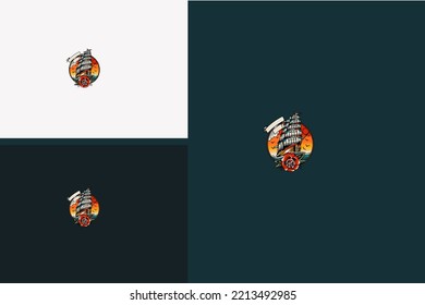 Ship And Red Flower Logo Vector Illustration Design