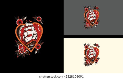 ship with red rose flowers vector flat design