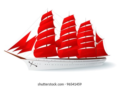 Ship with red sails (caravel). Vector illustration on white background