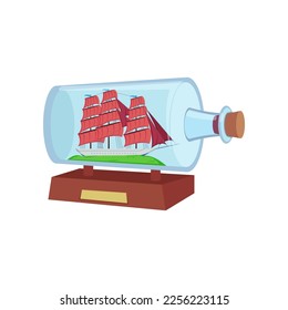 Ship with red sails in glass bottle vector illustration. Cartoon drawing of souvenir, miniature model of sea vessel isolated on white background. Decoration, hobby or craft, adventure concept