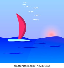 Ship with red sails goes by sea