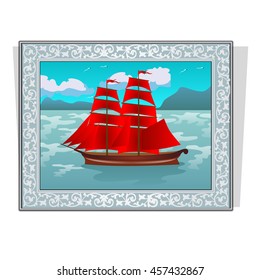 A ship with red sails painted on the painting in the ornate frame. Vector illustration.