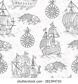 Ship retro hand drawn seamless pattern. Vector illustration.