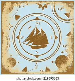 ship retro shabby paper compasses stylized silhouette