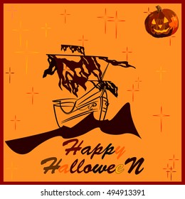 A ship with ripped sails on the background of the starry sky with the words Happy Halloween