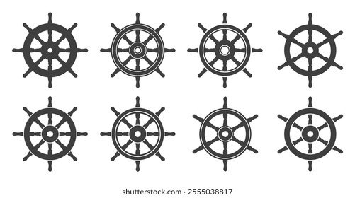 Ship rudder icon symbol shape set. Ship helm logo sign collection. vessel Steering wheel silhouette. Vector illustration image. Isolated on white background.