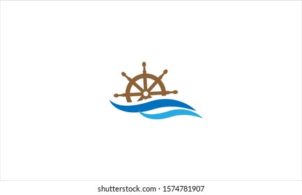 Ship rudder wheel with ocean waves in flat minimalist logo icon design template vector