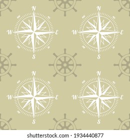 Ship rudders with wind rose or sea compass. Seamless background. Marine theme.