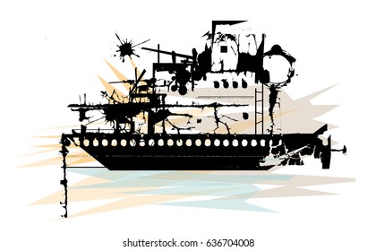 Ship In Ruins - Stylized illustration of silhouetted battleship wreckage. Eps10