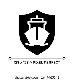 Ship safety pixel perfect glyph solid icon. Protection of crew and passengers aboard vessels. Maritime transportation. Black silhouette symbol on negative space. Vector isolated illustration