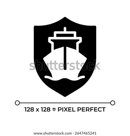 Ship safety pixel perfect glyph solid icon. Protection of crew and passengers aboard vessels. Maritime transportation. Black silhouette symbol on negative space. Vector isolated illustration
