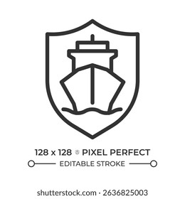 Ship safety pixel perfect line icon. Protection of passengers aboard vessels. Maritime transportation. Isolated vector illustration. Outline symbol. Simple linear drawing. Editable stroke