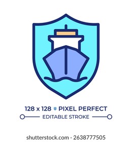 Ship safety pixel perfect line color icon. Protection of crew and passengers aboard vessels. Maritime transportation. Isolated vector illustration. Flat colorful symbol design. Editable stroke