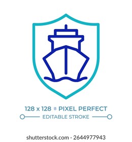 Ship safety pixel perfect two color line icon. Protection of passengers aboard vessels. Maritime transportation bicolor outline symbol. Duotone linear pictogram. Isolated illustration. Editable stroke