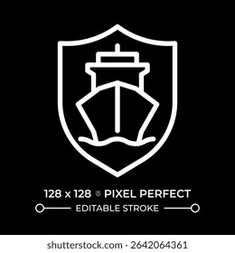 Ship safety pixel perfect white line icon in negative space. Crew and passengers aboard vessels protection. Maritime transportation. Monochrome linear symbol on black background. Editable stroke
