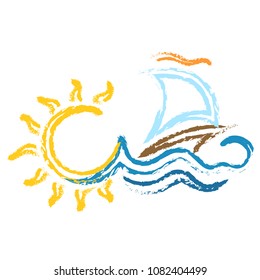 Ship with a sail on a blue wave and sun