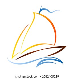 Ship with a sail on blue waves silhouetted