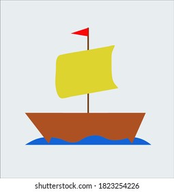 Ship with sail on wave. Colorful illustration.