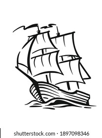 Ship with sail on waves