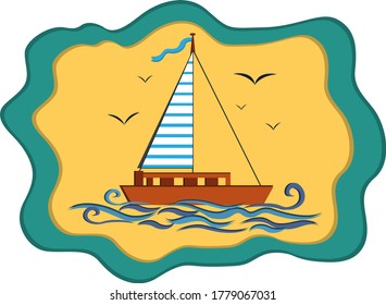 
Ship with sail on waves flying around seagulls paper cut postcard vector illustration