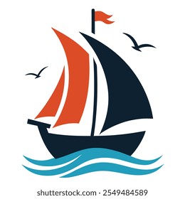 Ship with Sail and Seagulls Logo Icon Vector Illustration