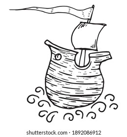 Ship with a sail. Vector vintage wooden ship.